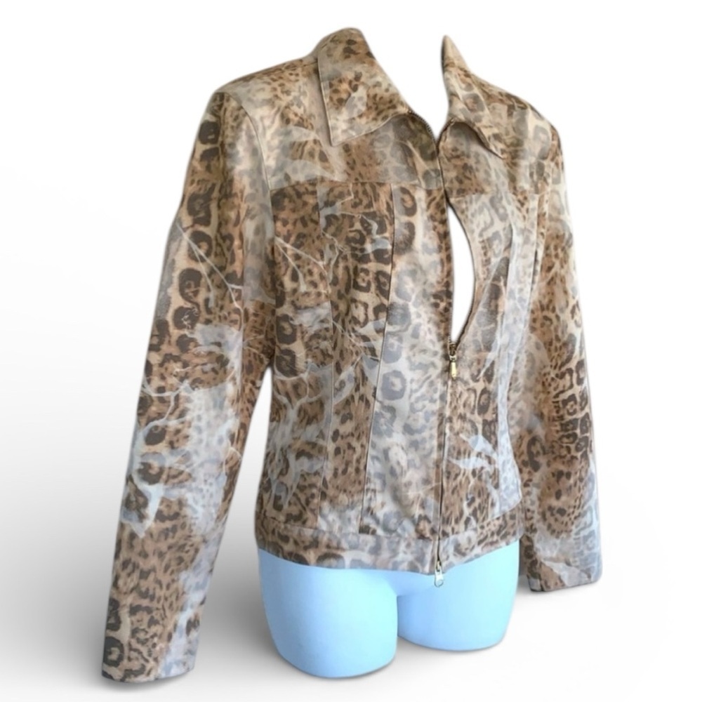 DANA BUCHMAN jacket women's 4, muted brown cream leopard print, light weight EUC